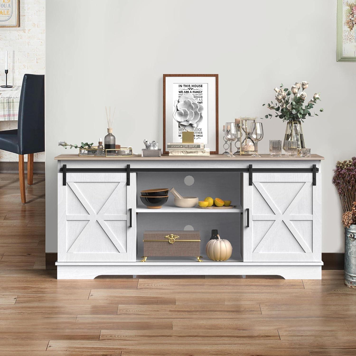 Kitchen Buffet Cabinet, 60“ Farmhouse Sliding Barn Door Coffee Bar Sideboard Buffet Cabinet with Capacity 300 lbs for Home Kitchen Dinning Living Room, Grey White/Grey Wash