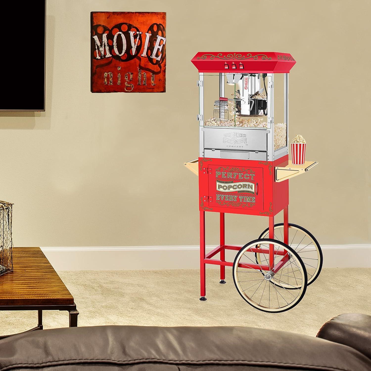 Red Vintage Carnival Popcorn Machine with Cart and Stainless Steel Kettle