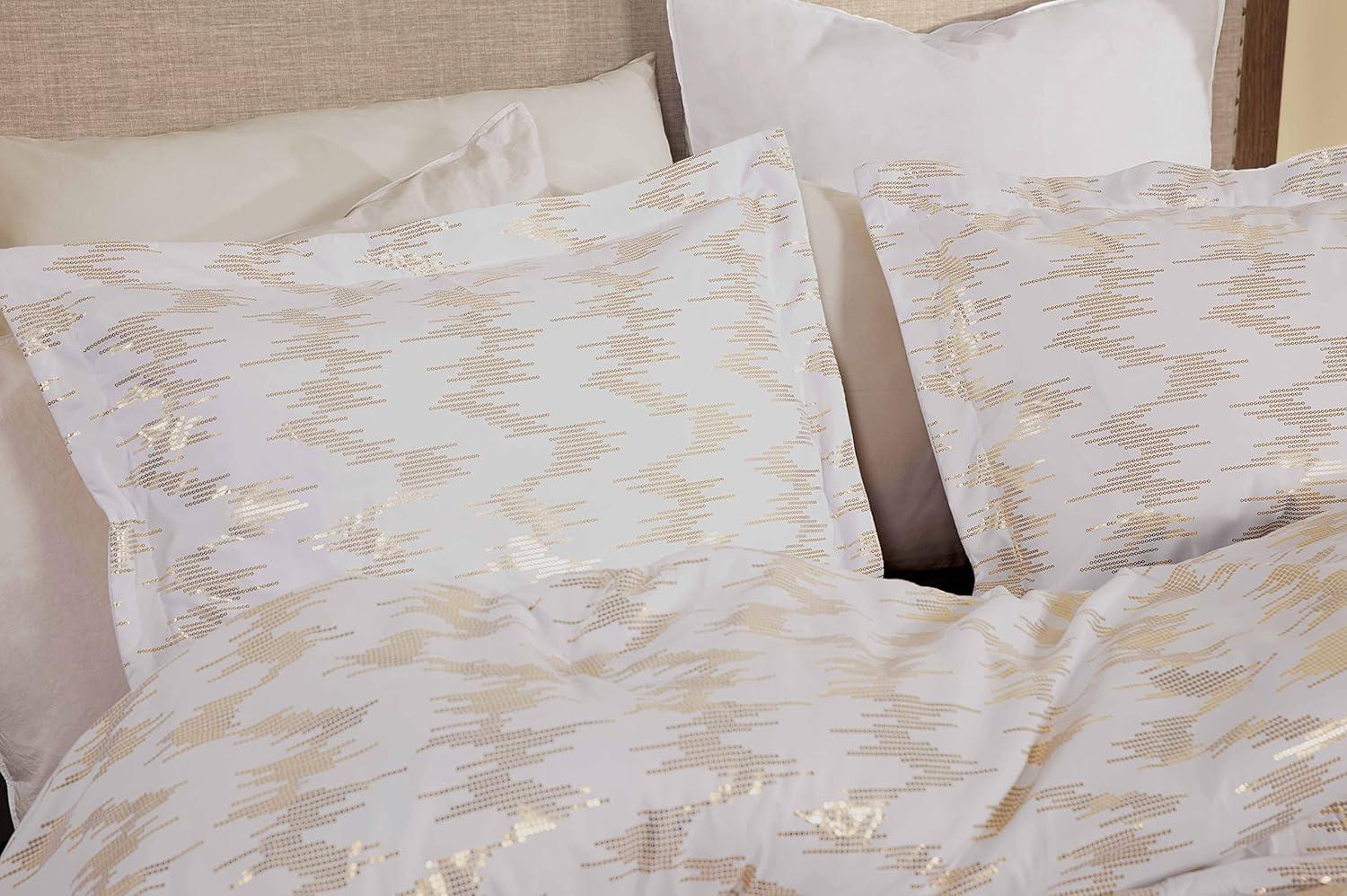 Chezmoi Collection Samantha 3-Piece White Printed Sound Wave Vector Gold Metallic Comforter Set, Queen Size