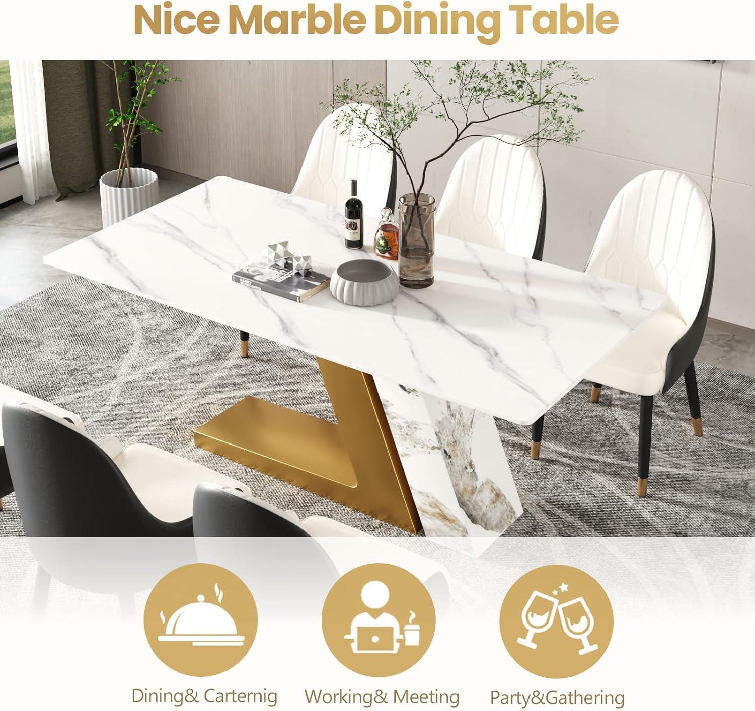 Modern White Marble Rectangular Dining Table with Gold Pedestal