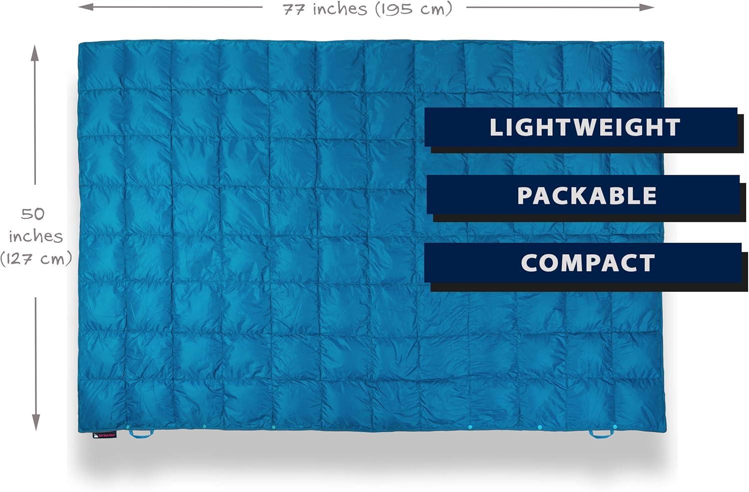 Get Out Gear Down Camping Blanket - Puffy, Packable, Lightweight and Warm | Ideal for Outdoors, Travel, Stadium, Festivals, Beach, Hammock | 650 Fill Power Water-Resistant Backpacking Quilt (Teal)