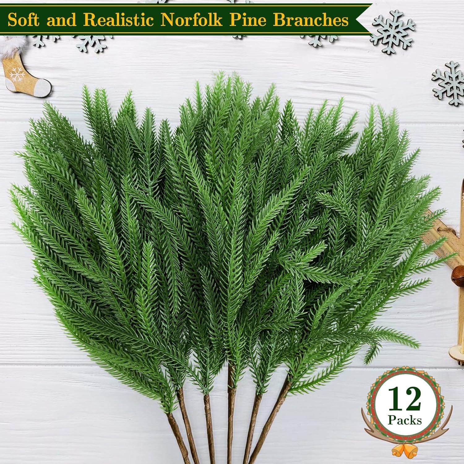 12 Pcs Christmas Norfolk Pine Branches- 18" Extra Length Artificial Xmas Branches Plants Pine Needles- Fake Greenery Norfolk Pine Stems Sprigs for DIY Craft Garland Home Garden Decor