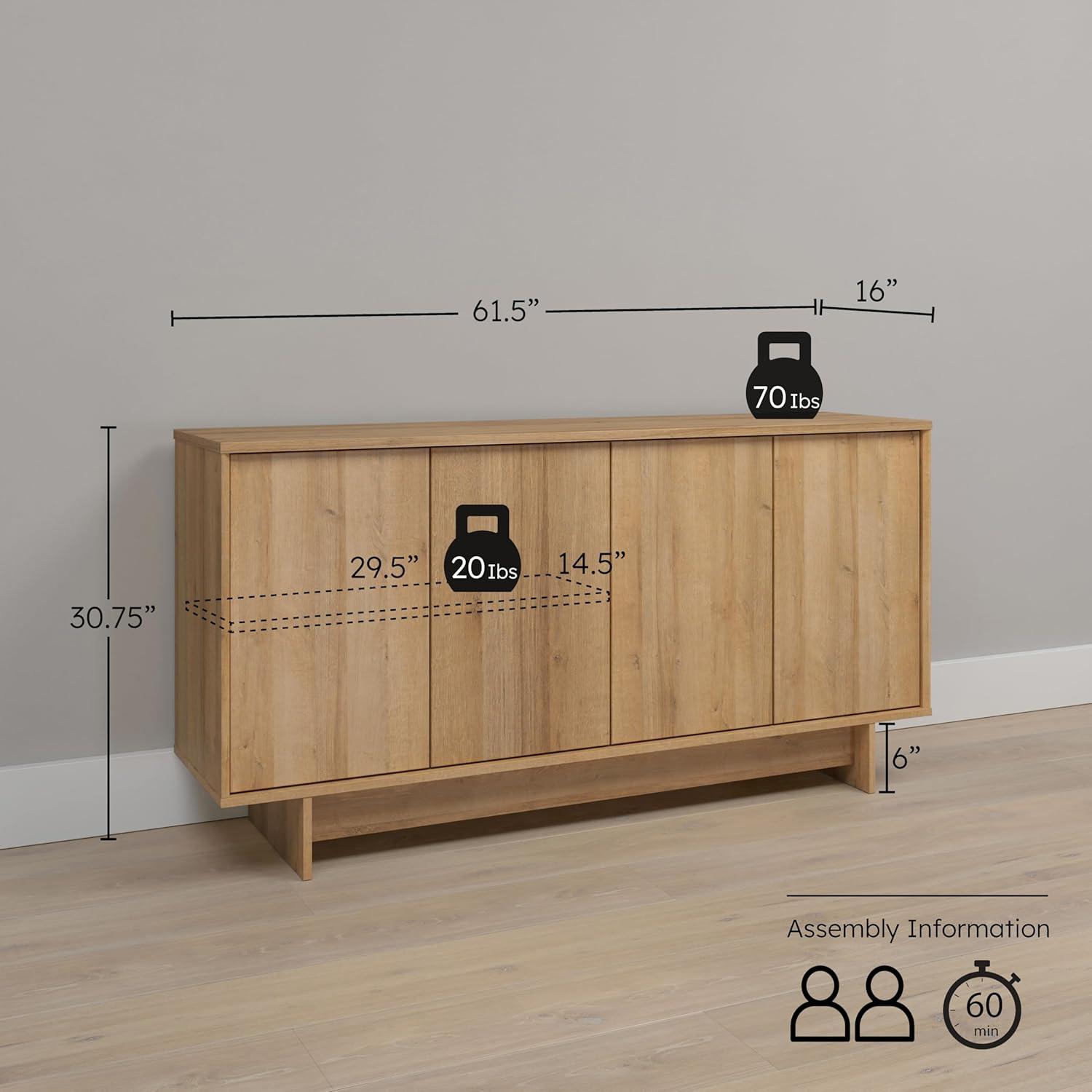 Prepac Natural Oak Finnley Sideboard Cabinet Buffet Cabinet with Storage Accent Cabinet for Living Room, Kitchen, Entryway Cabinet with Adjustable Shelves Push Latch System 16"D x 61.5"W x 30.75"H