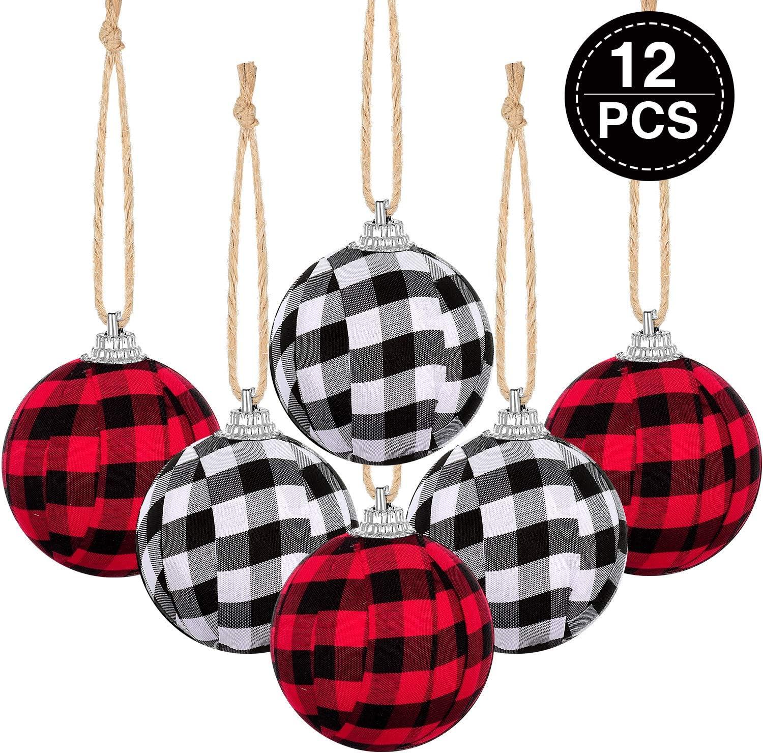 Farmhouse Christams Buffalo Plaid Ball Ornaments, Decorative Plaid Ball Hanging Ornament, for Christmas Decorations Supplies (Red and Black,12 Pieces)