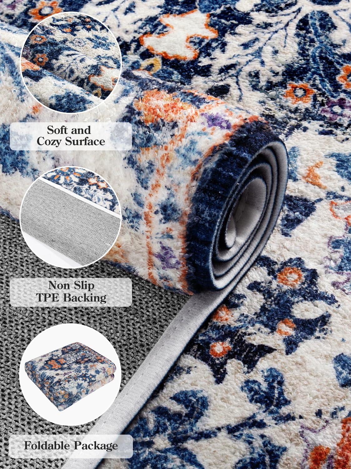 Moynesa 2'x3' Bohemian Area Rug, 2x3ft Small Boho Washable Bathroom Entryway Kitchen Rug,Floral Medallion Non Slip Pet Friendly Vintage Throw Carpet for Front Door Sink Living Room Bedroom, Orange