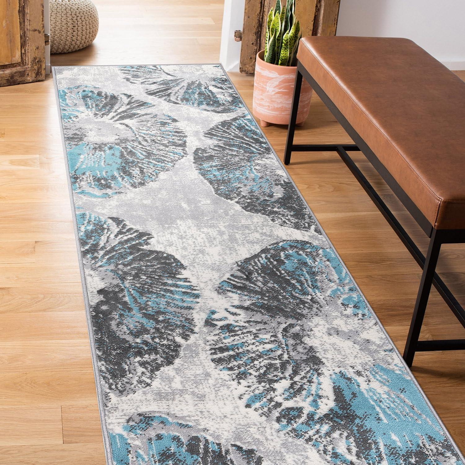 Blue and Gray Floral Stain-Resistant Runner Rug 2' x 7'