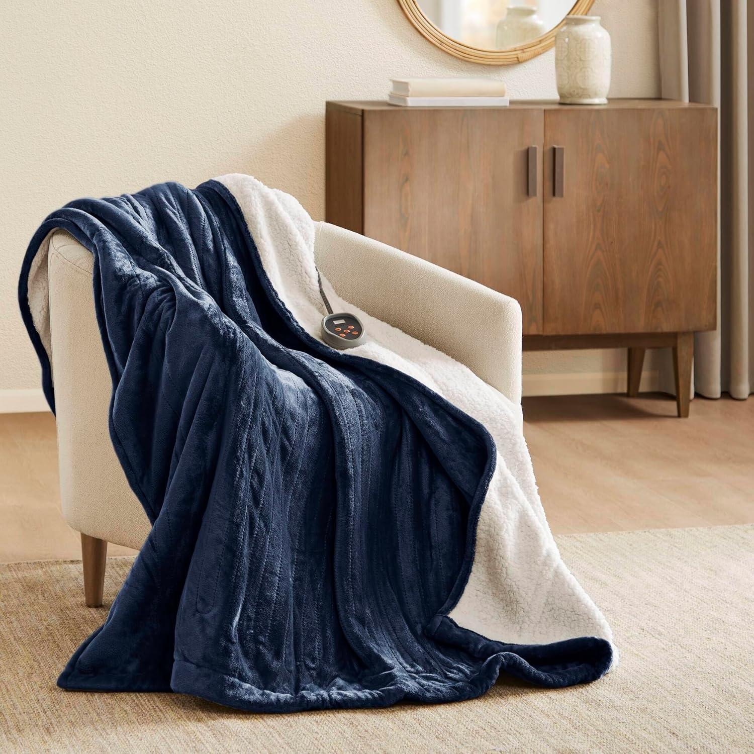 Indigo Twin Reversible Sherpa Knitted Heated Blanket