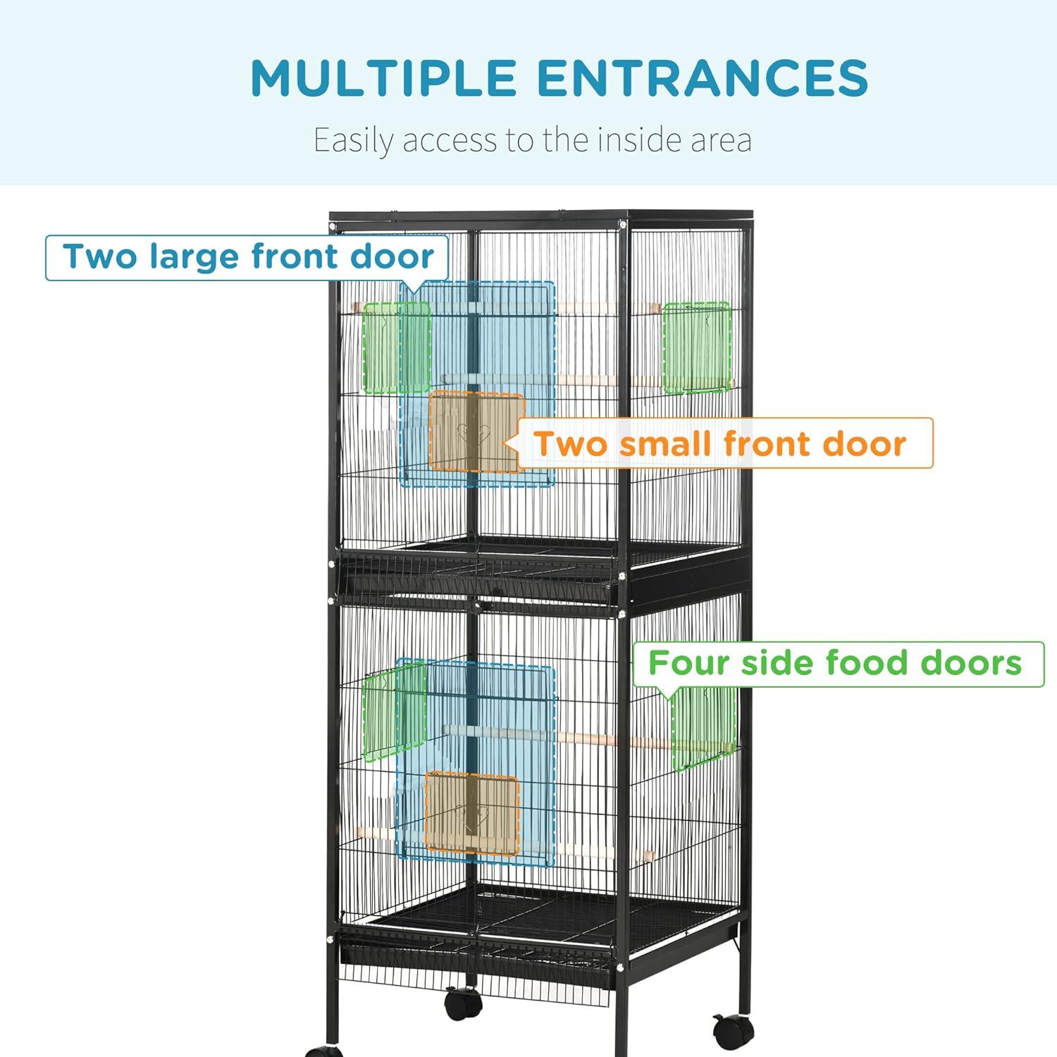 Zateety Large Bird Cage with 1.7 Ft. Width for Wingspan, Bird Aviary Indoor with Multi-Door Design, Fit for A Canary, Finch, Conure, 55", Black