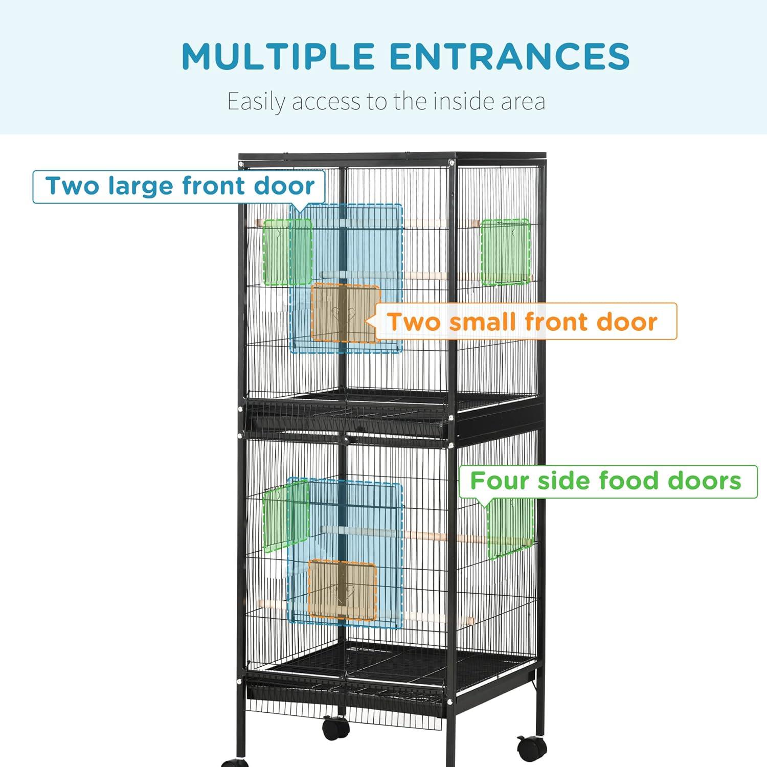 PawHut 55" 2 In 1 Bird Cage Aviary Parakeet House for finches, budgies with Wheels, Slide-out Trays, Wood Perch, Food Containers, Black