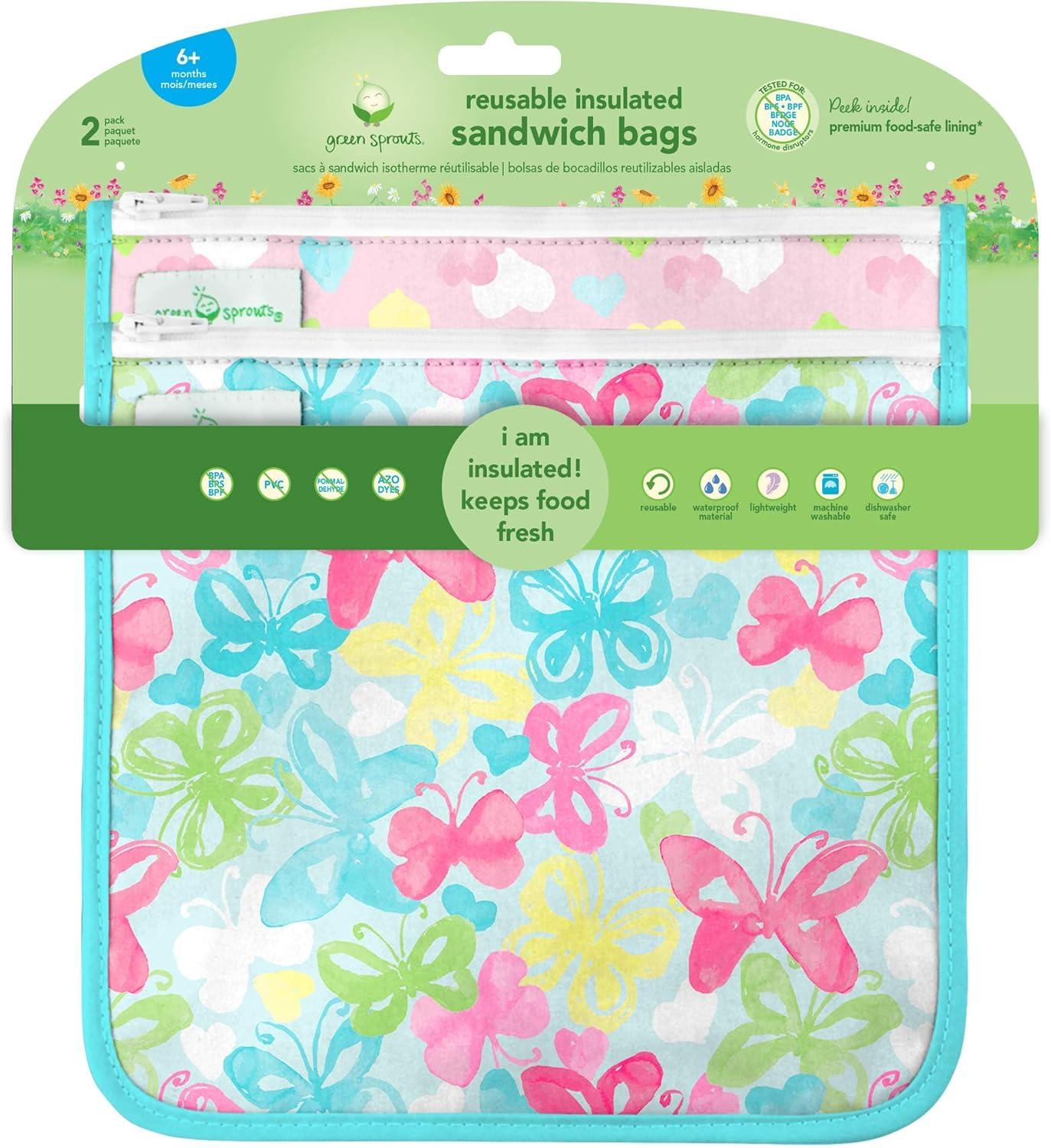 green sprouts Reusable Insulated Sandwich Bags (2 Pack) | Holds Food, Utensils, Wipes & More | Keeps Food Fresh | Food-Safe, Waterproof, Easy-Clean Material