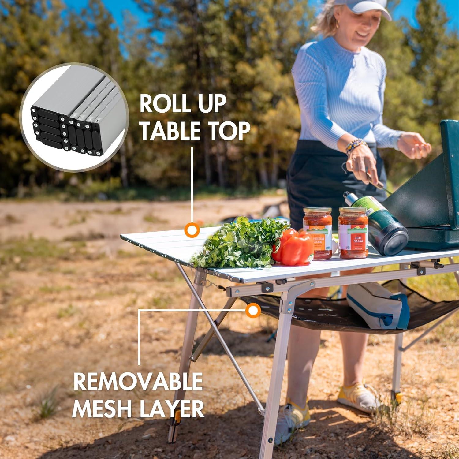 PORTAL Outdoor Folding Portable Picnic Camping Table with Adjustable Height Aluminum Roll Up Table Top Mesh Layer, Silver