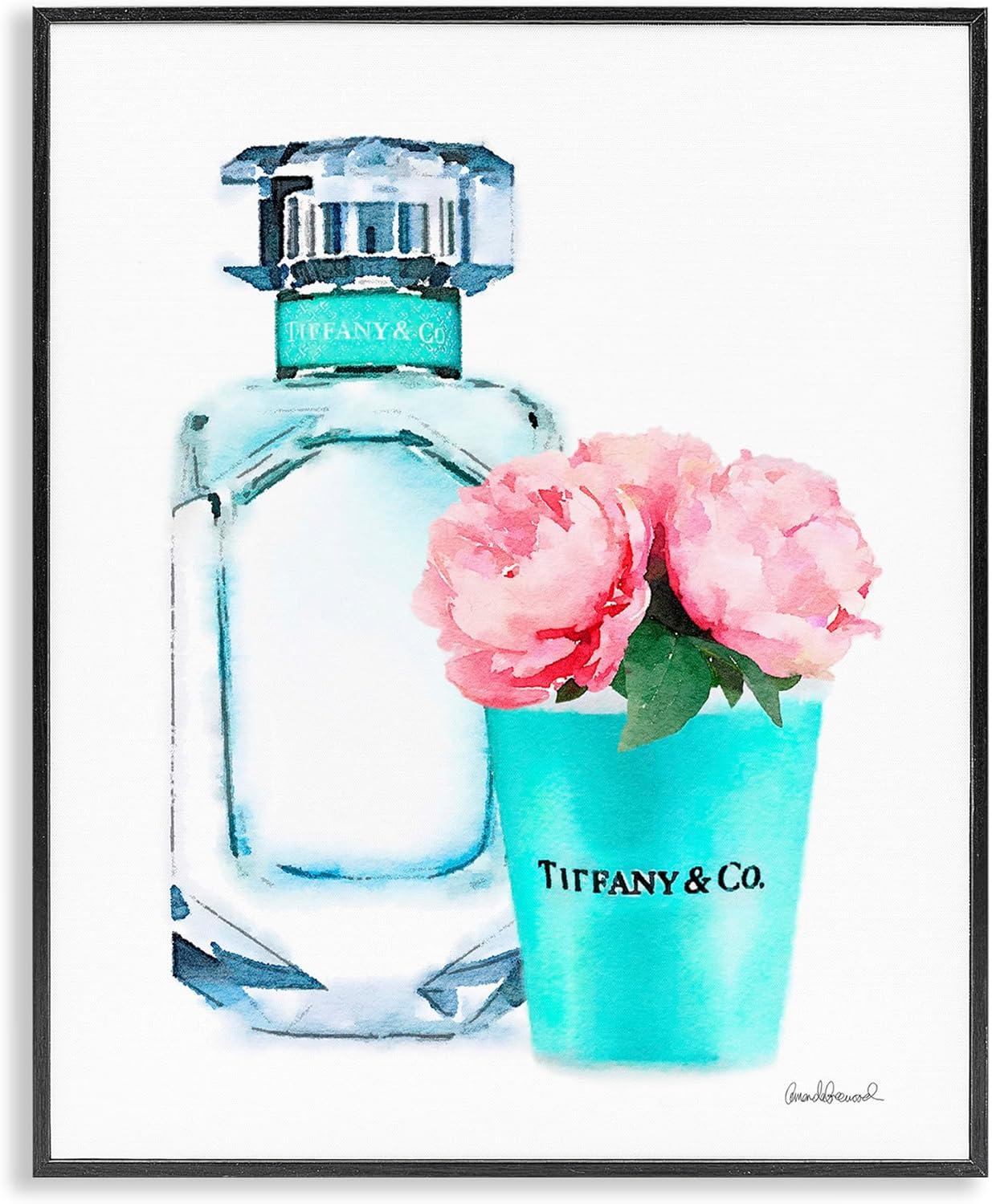 Teal Blue Perfume Bottle and Pink Peonies Framed Wall Art, 11 x 14