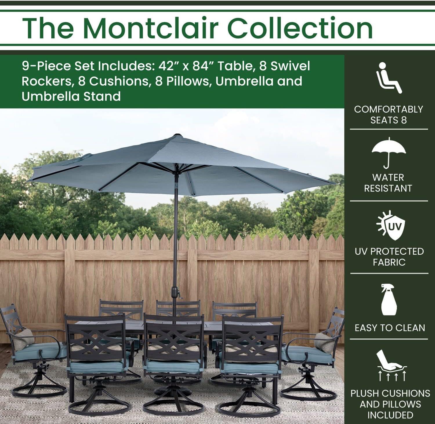 Hanover Montclair 9-Piece High-Dining Set in Ocean Blue with 8 Counter-Height Swivel Chairs and 60-Inch Square Table