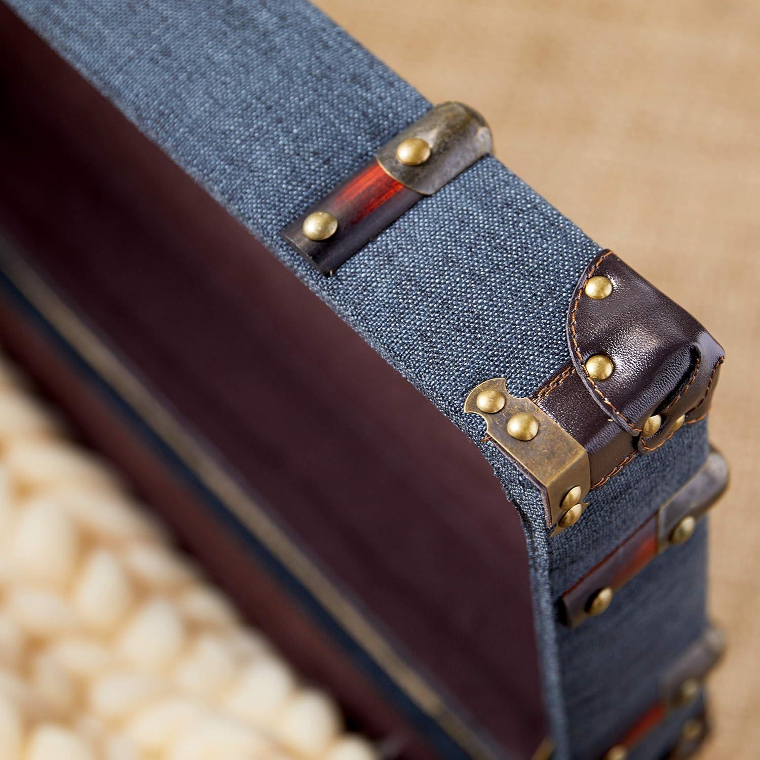 Blue Linen and Brass Accented Nesting Storage Trunks, Set of 3