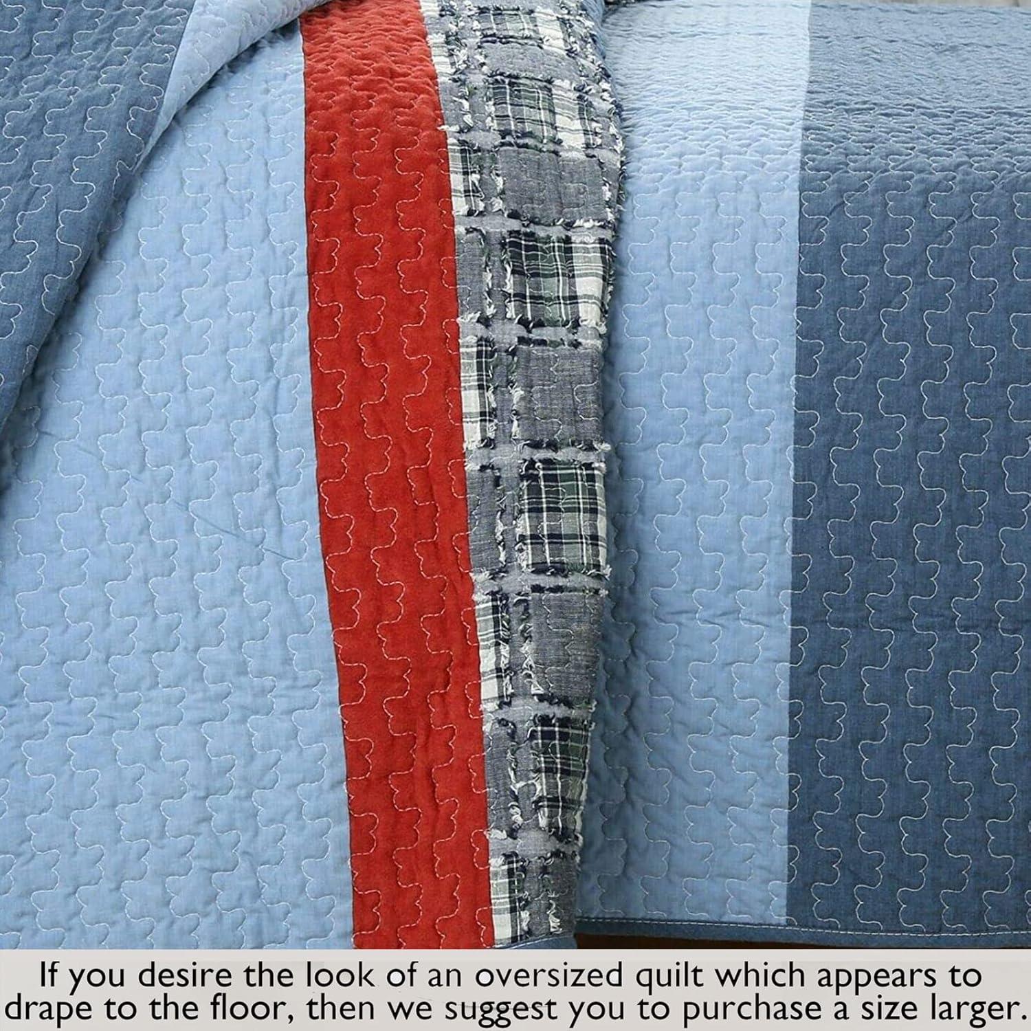 Navy and Red Cotton Reversible Queen Quilt Set