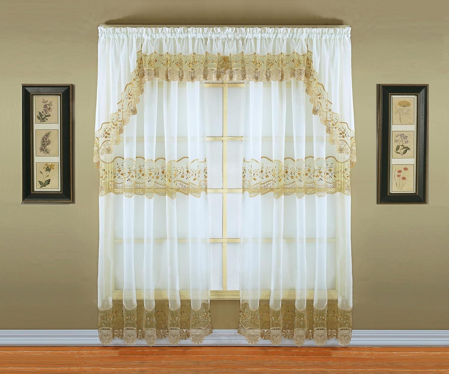 Ecru and Gold Floral Embroidered Sheer Valance 14" x 58"