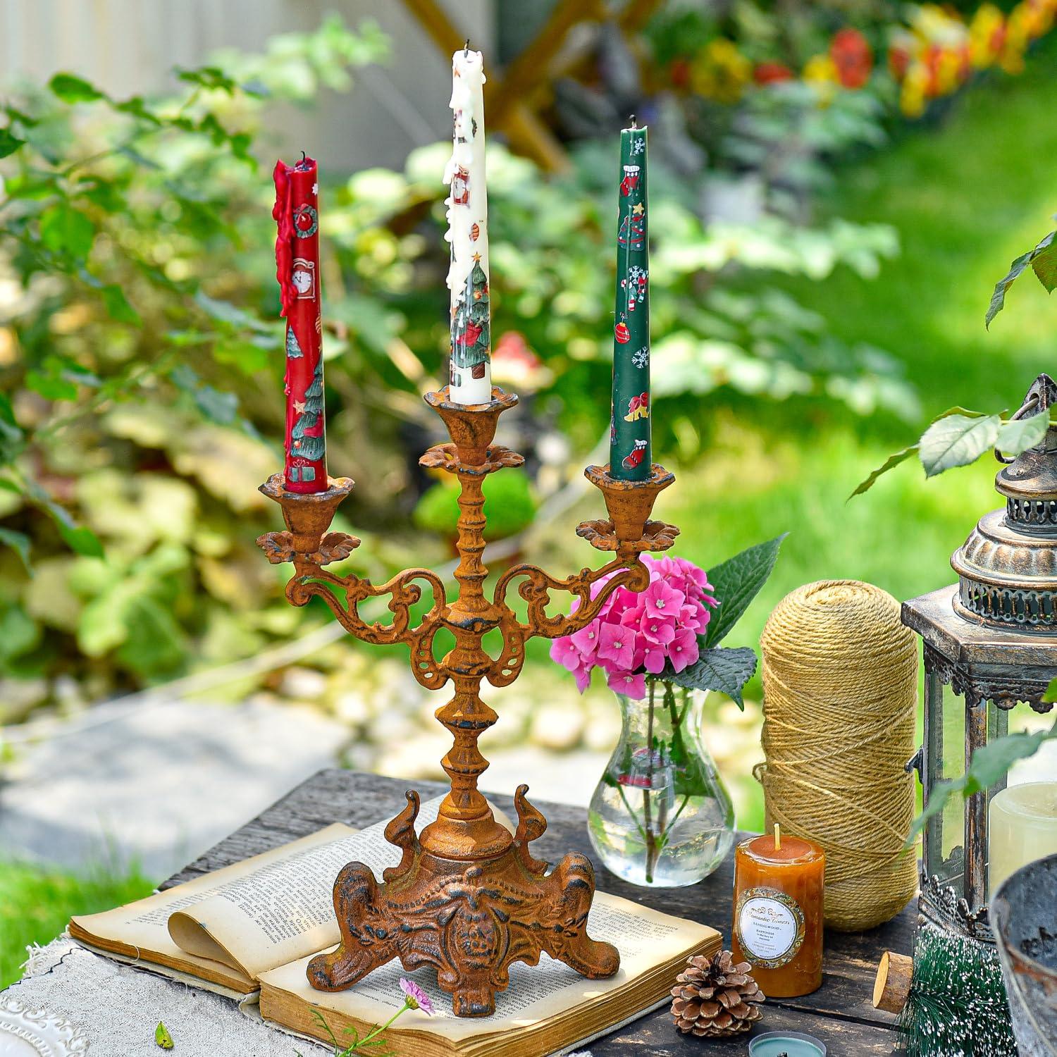 Sungmor Rusty Cast Iron 3 Arm Candelabra, 13" Tall Vintage Candlestick Holder, Decorative Taper Candle Holder, Pretty Centerpiece Candle Stand for Halloween, Christmas, Holiday Décor