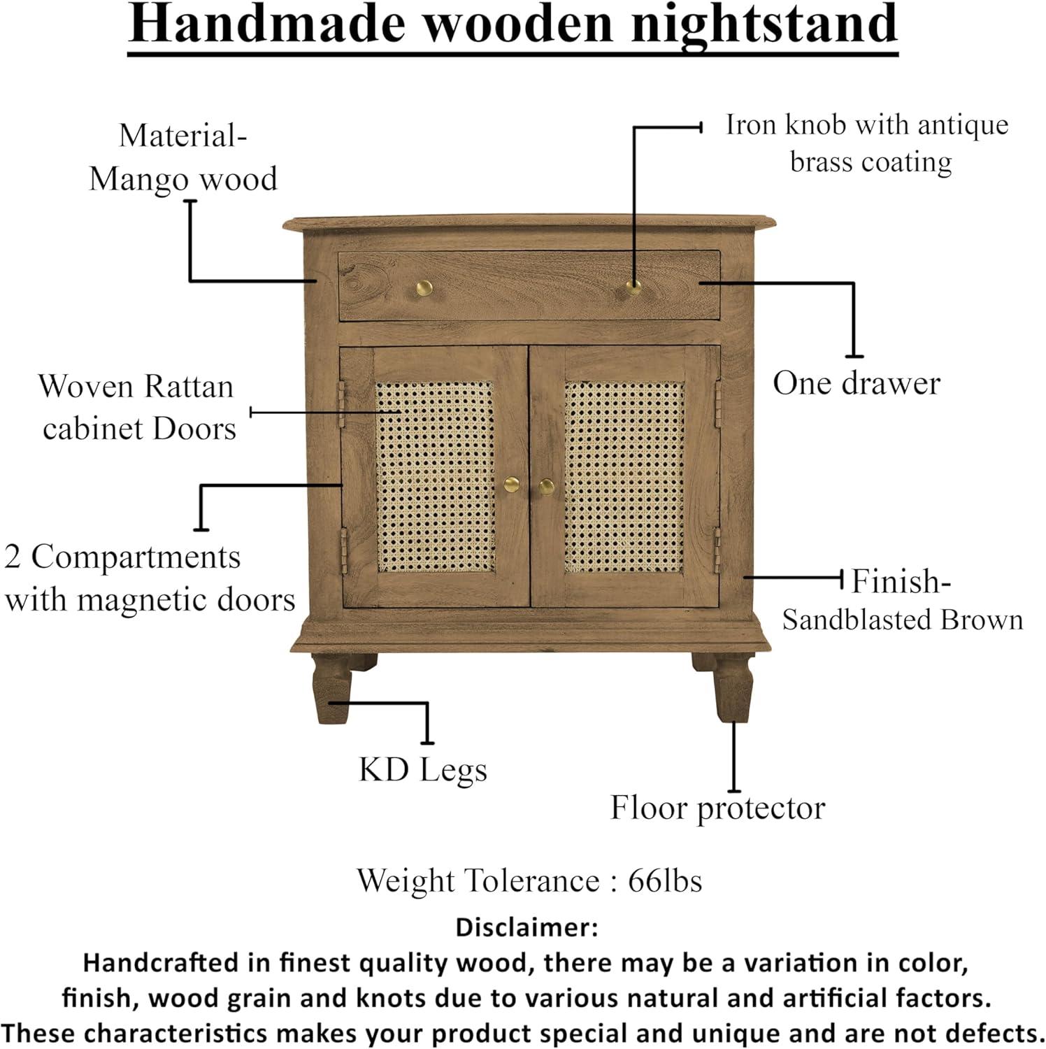 The Urban Port 30" Nightstand Table Rattan Cabinet Doors and Drawer Fronts Sandblasted Brown Mango Wood Brown
