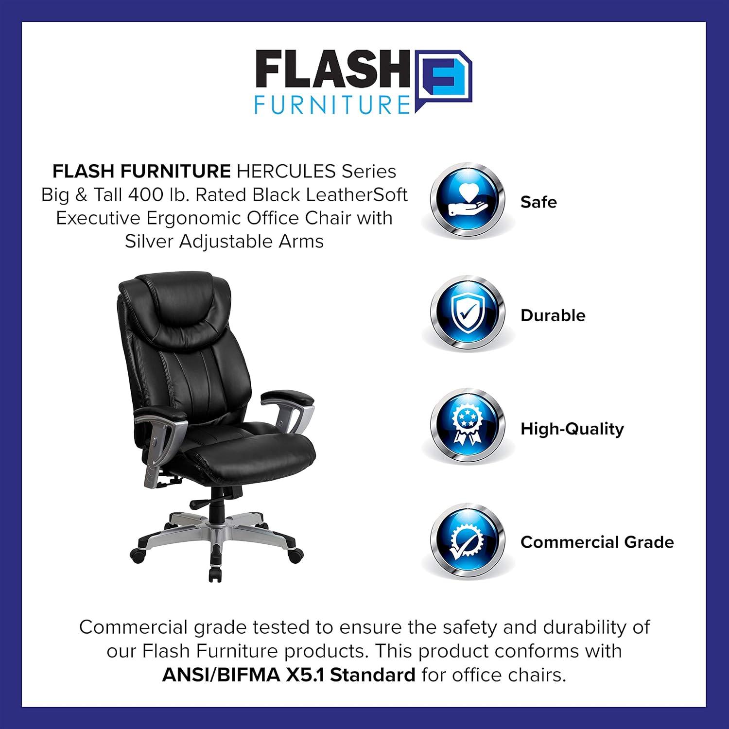 Flash Furniture HERCULES Series Big & Tall 400 lb. Rated Black LeatherSoft Executive Ergonomic Office Chair with Silver Adjustable Arms