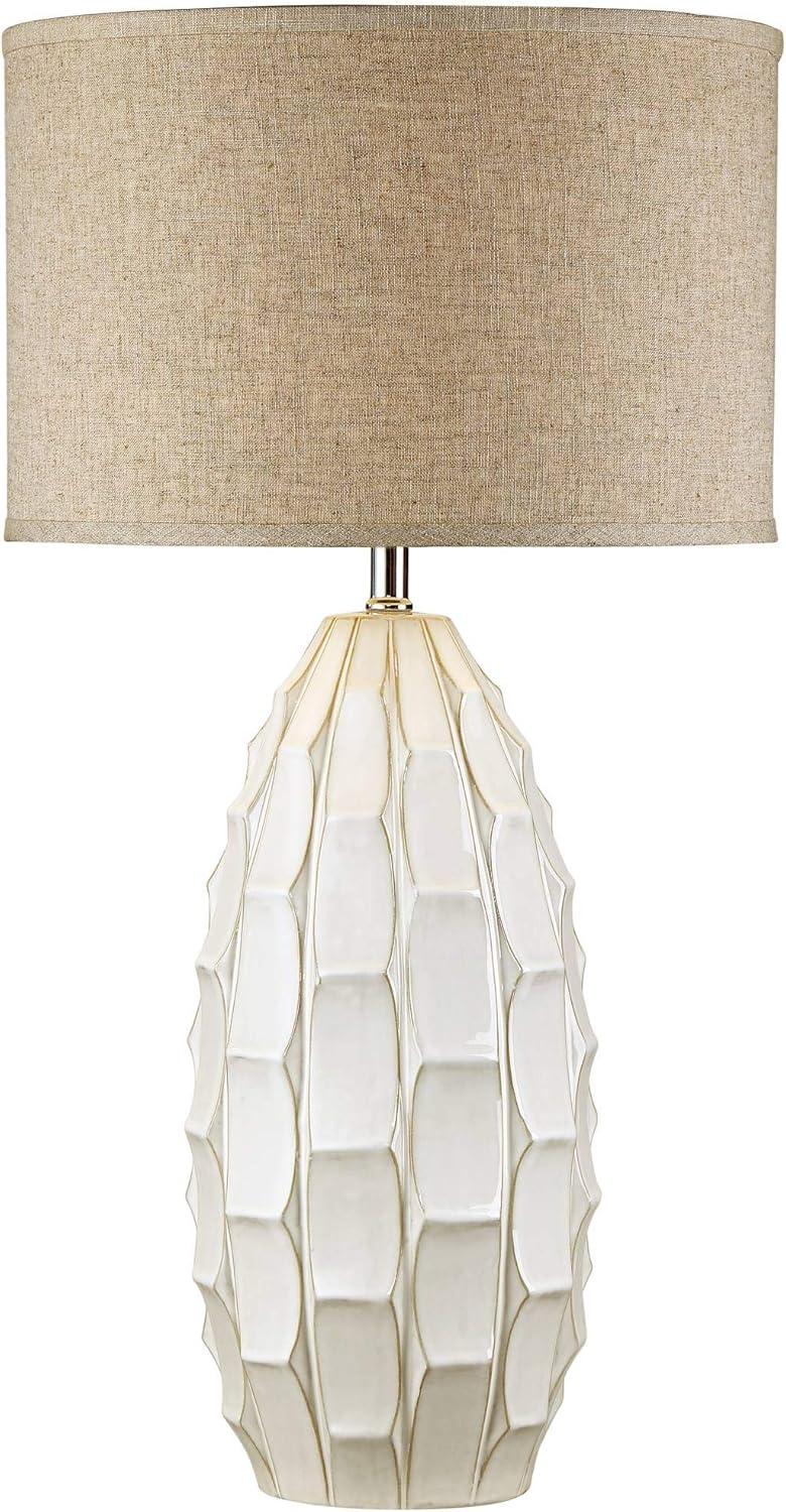 Possini Euro Design Cosgrove Modern Mid Century Table Lamp 32 3/4" Tall White Glazed Ceramic Beige Fabric Drum Shade for Bedroom Living Room Bedside