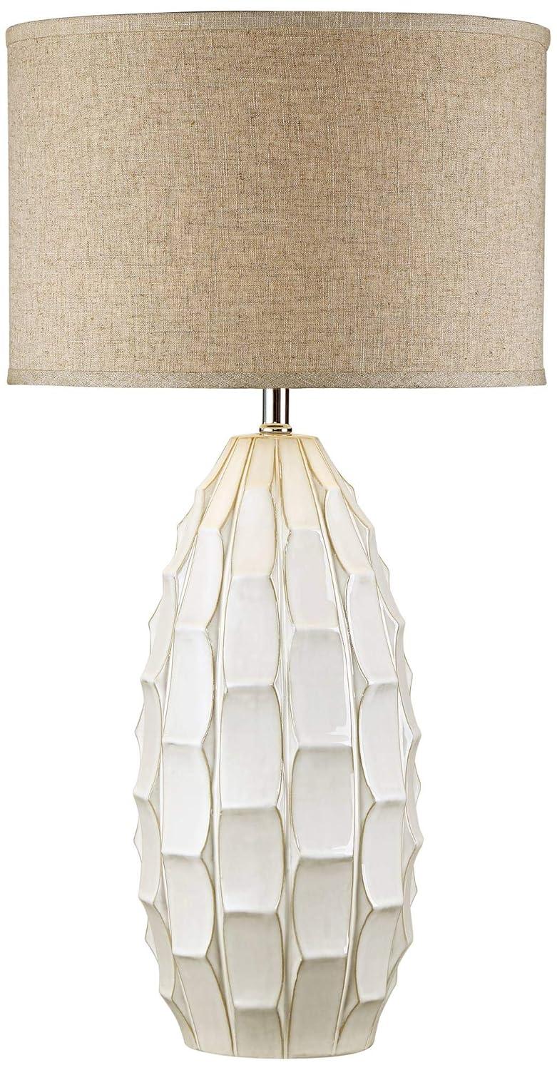 Possini Euro Design Cosgrove Modern Mid Century Table Lamp 32 3/4" Tall White Glazed Ceramic Beige Fabric Drum Shade for Bedroom Living Room Bedside