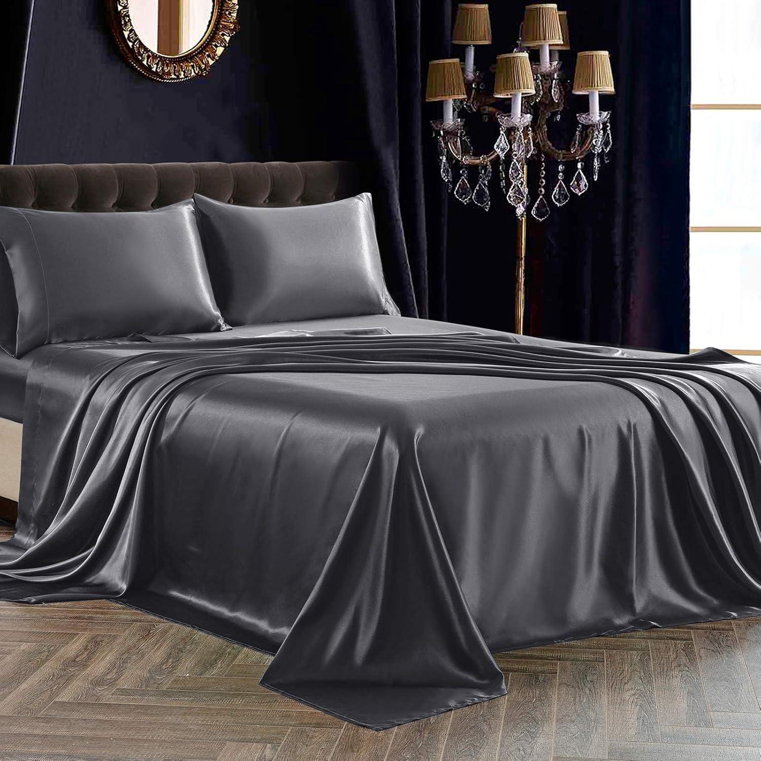 ANMINY Satin Sheets Queen Silk Sheets Gray Bed Sheet Set Deep Pocket Bed Flat Fitted Sheet, 4-Pieces