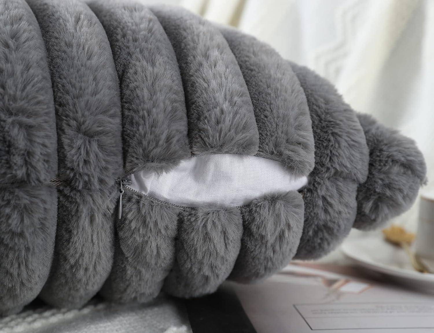 PANOD Faux Fur Decorative Lumbar Throw Pillow Covers 12 x 24,Long Boho Lumbar Pillow Covers Pillow Case Cushion Case for Bed Sofa Farmhouse Livingroom,Grey