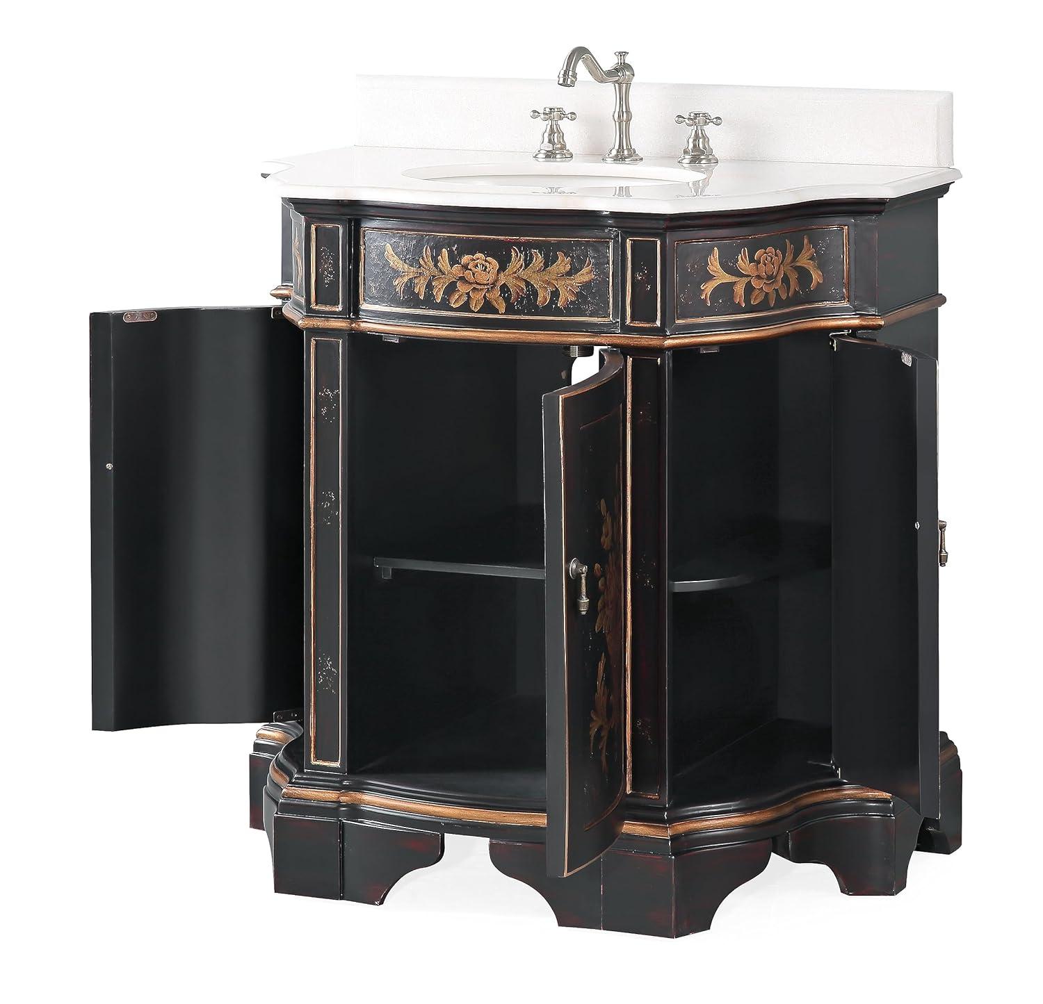 35" Black and Gold Hand-Painted Floral Bathroom Vanity with Marble Top