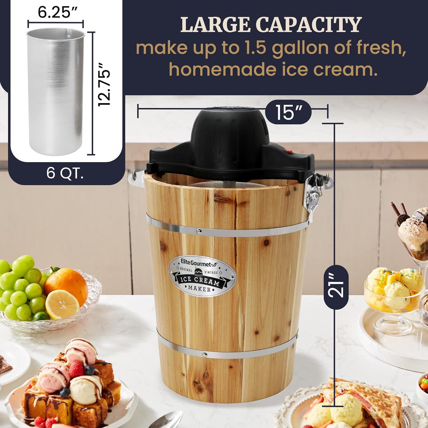 Elite Gourmet Old Fashioned 6 Quart Vintage Wood Bucket Electric Ice Cream Maker Machine Appalachian, *Bonus Classic Die-Cast Hand Crank for Churning, Uses Ice and Rock Salt Churns Ice Cream in Minute