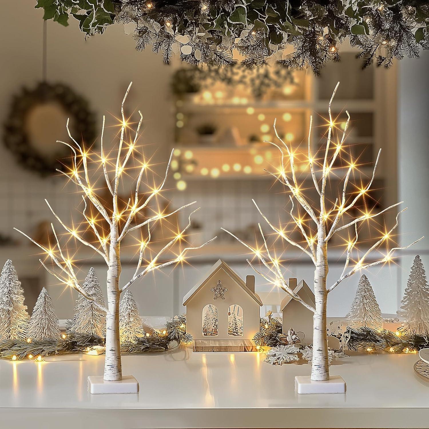 The Holiday Aisle® White Birch Tree With LED Lights - Set Of 2, LED Tabletop Tree With Timer, Christmas Decorations Lighted Tree For Indoor Mantel Home Decor (2 FT, 24 LED)