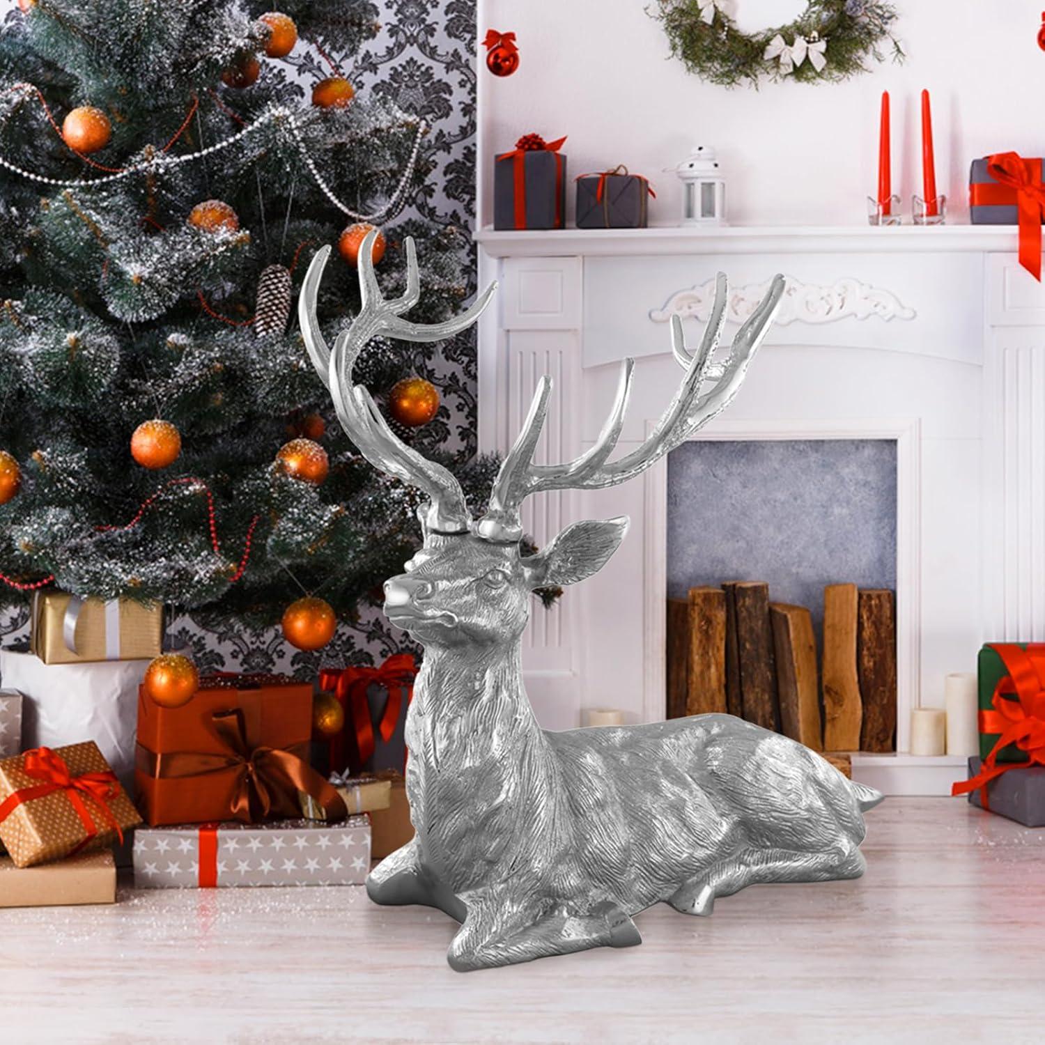 Canddidliike Versatile Deer Sculpture with Natural Antlers and Lush Deer Hair, Standing Reindeer Statue Aluminum Deer Sculpture, Aluminum Deer Sculpture for Indoors Christmas Decor, Silver