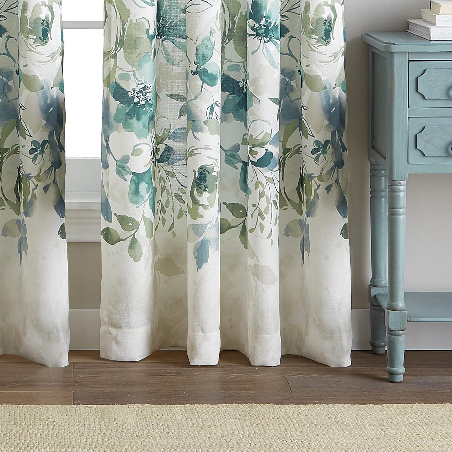 CHF Watecolor Floral Curtain, 100% Polyester, Light Filtering Single Panel Rod Pocket, Aqua, 50"x63"