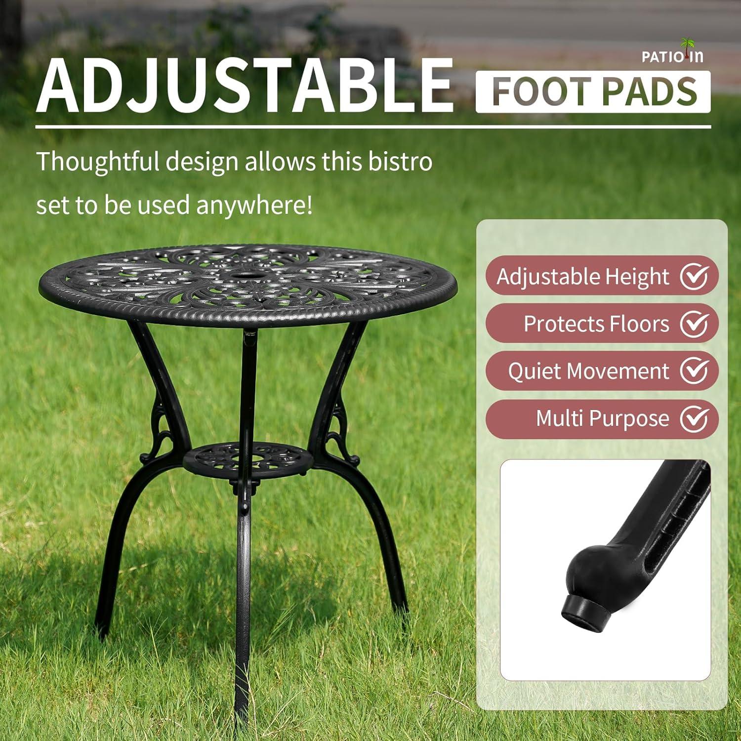 PATIO-IN 3 Piece Bistro Set Cast Aluminum Bistro Table and Chairs Set of 2 with Umbrella Hole,Patio Furniture Sets for Front Porch,Garden