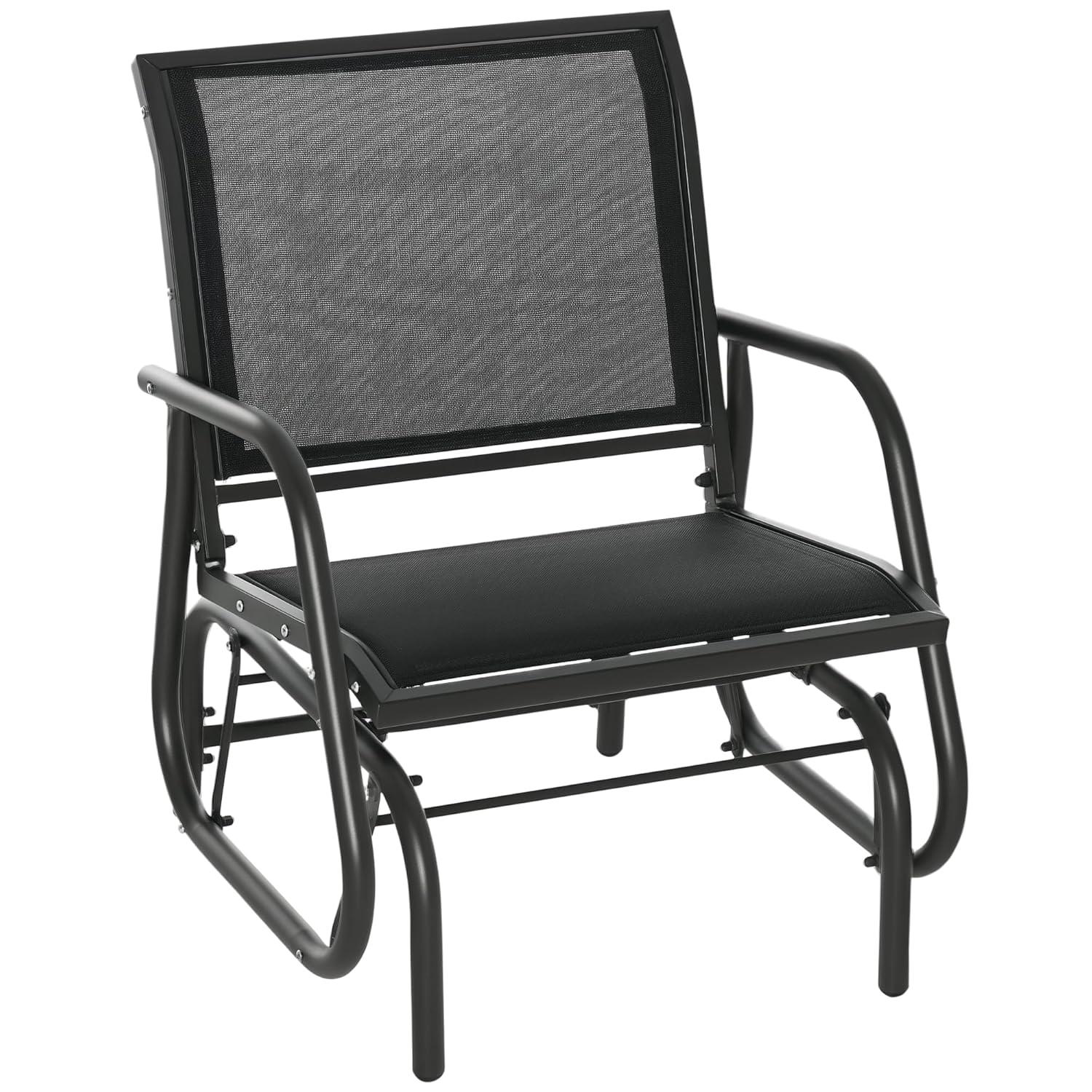 Outsunny Outdoor Glider Chairs, Swing Chair with Breathable Mesh Fabric, Curved Armrests and Steel Frame for Porch, Garden, Poolside, Balcony, Black