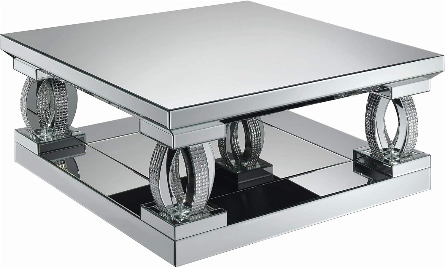 Contemporary Mirrored Square Coffee Table with Textured Silver Accents