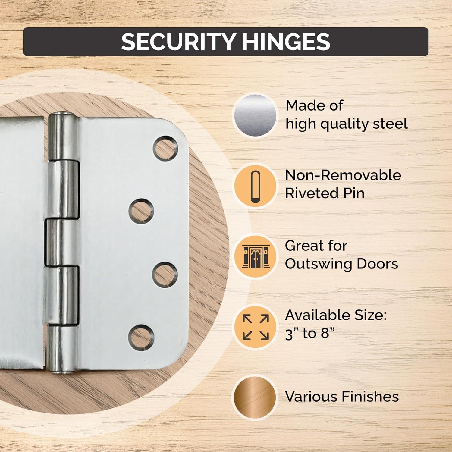 Penrod Stainless Steel Ball Bearing Door Hinges - 4 Inch with 5/8 Inch Radius, Non-Removable Riveted Pin - Security Hinges (3 Pack)