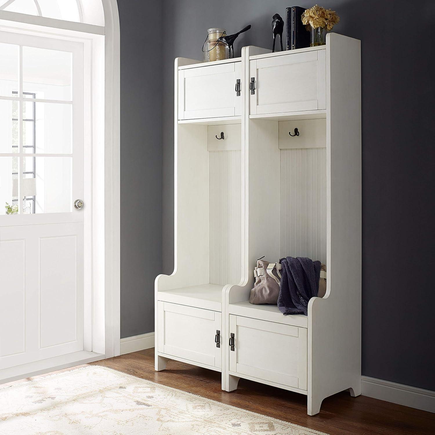 Crosley 2pc Fremont Entryway Kit Two Towers White: Hall Tree Organizer with 4 Hooks, Wood Veneer, Metal Hardware