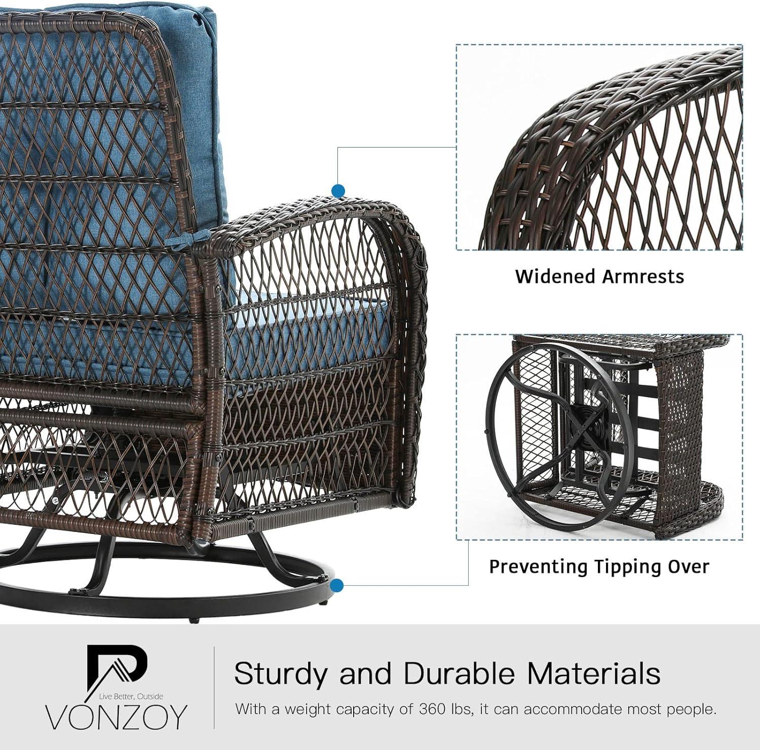 ELPOSUN 3 Pieces Patio Furniture Set, Outdoor Swivel Gliders Rocker, Wicker Patio Bistro Set with Rattan Rocking Chair, Glass Top Side Table and Thickened Cushions for Porch Deck Backyard