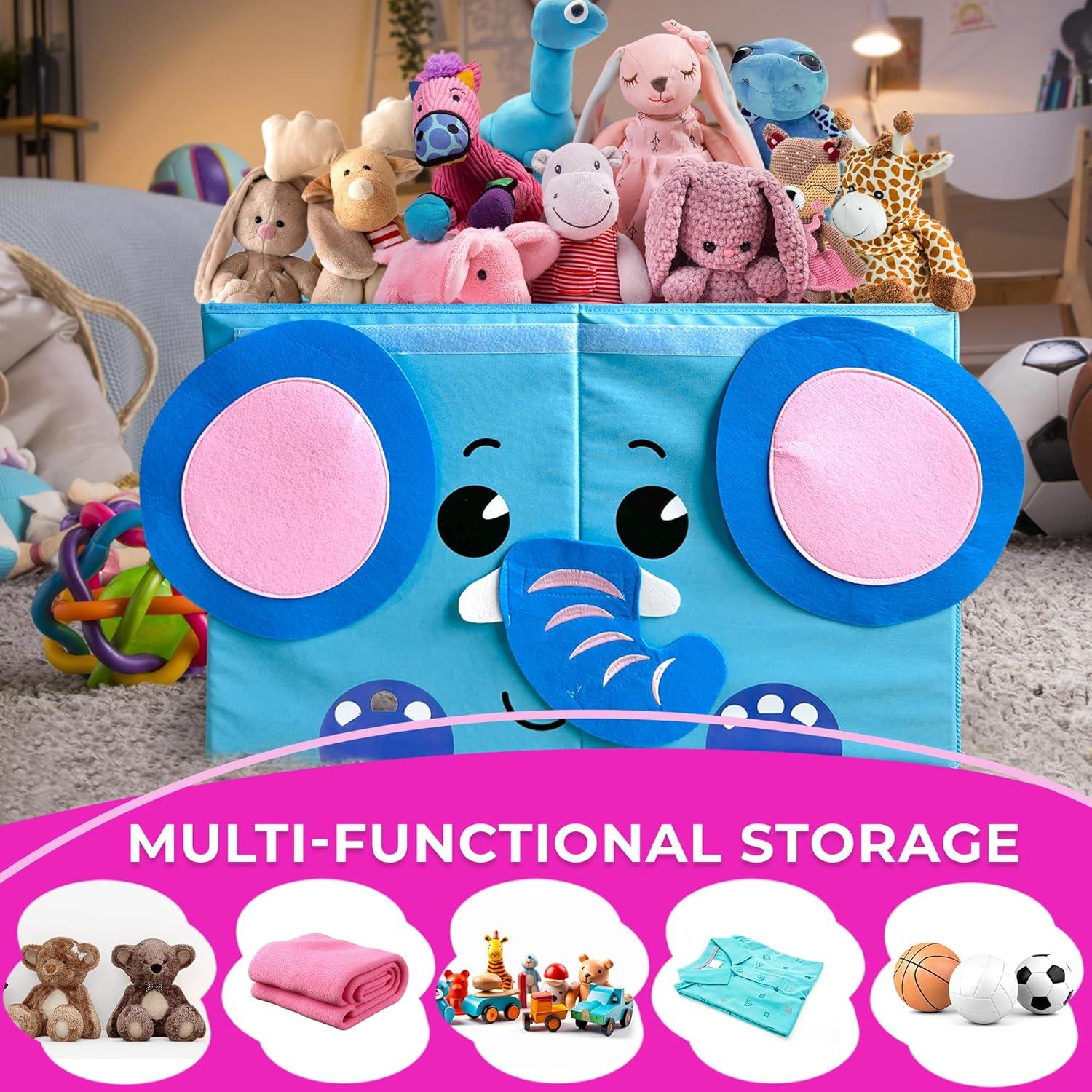 Blue Elephant Fabric Collapsible Toy Storage Box with Handles