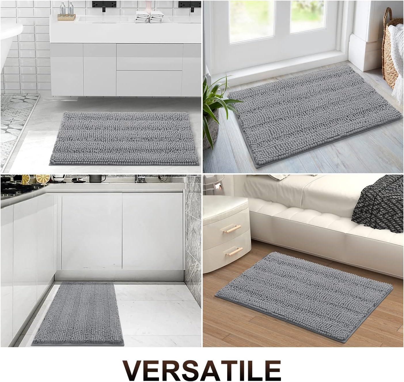 Buganda Chenille Striped Bathroom Rugs, Extra Soft and Absorbent Bath Mats, Anti-Slip Shaggy Bath Carpets, 16x24, Light Grey