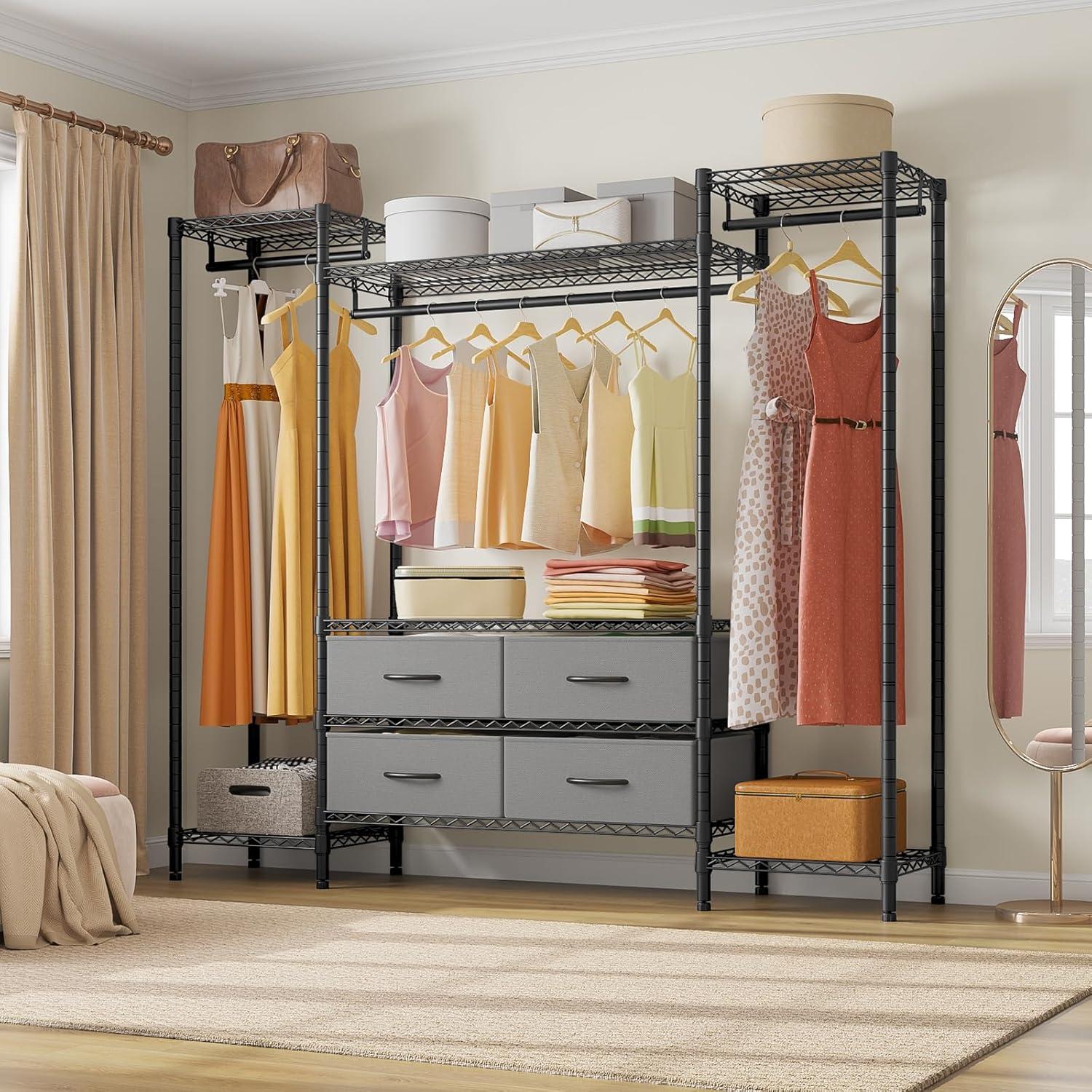 Metal Clothes Rack With 6 Shelves, 3 Hanging Rails And 4 Fabric Drawers, 56.7"L X 14.6"W X 70.9"H,