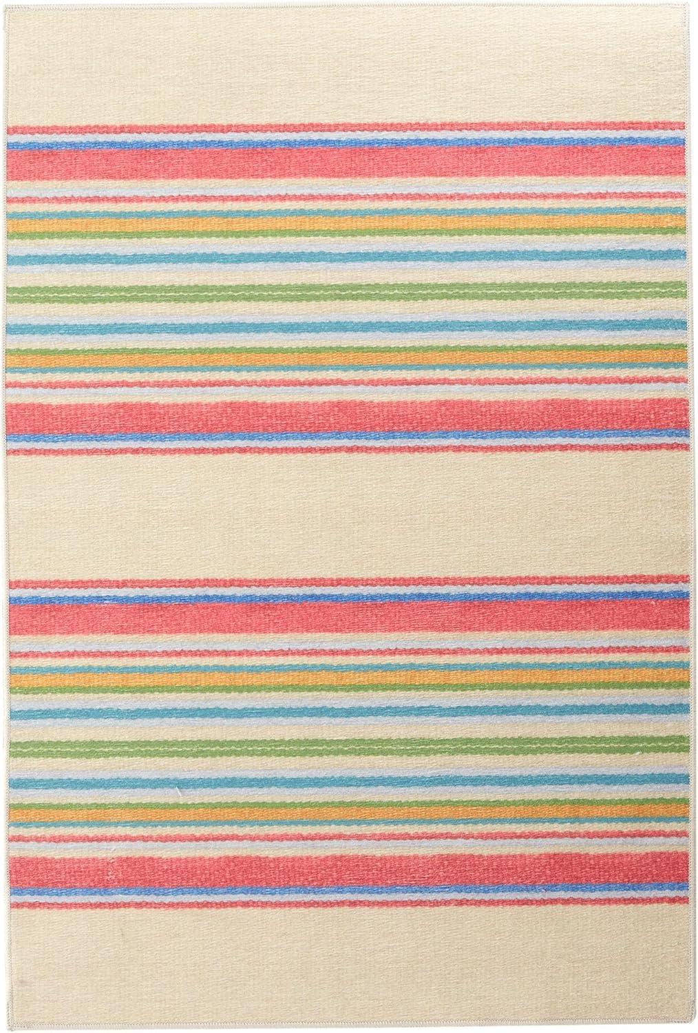 Blue Awning Stripe Machine Washable Rug