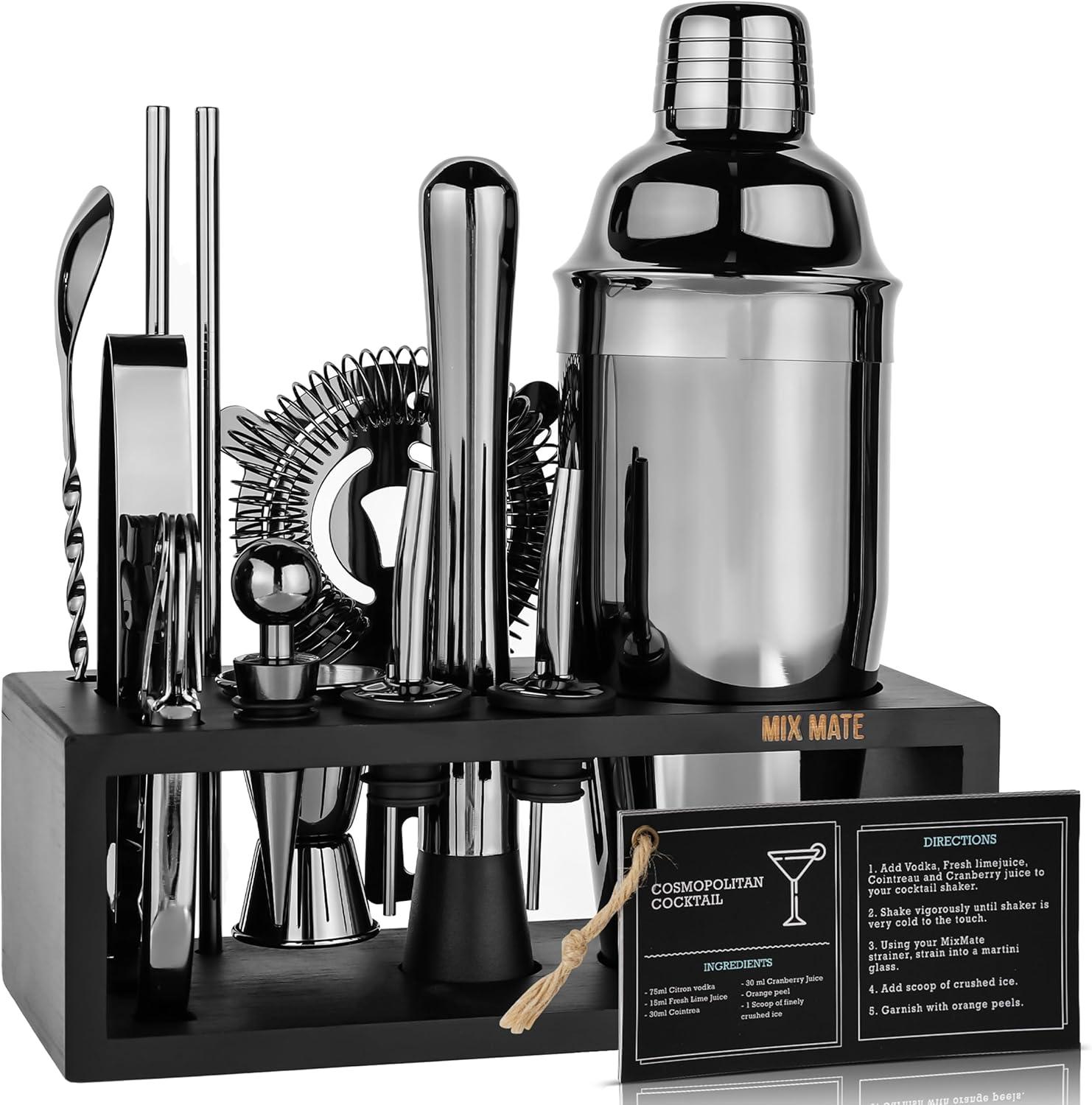 Black Stainless Steel 15-Piece Cocktail Shaker Set with Wood Stand