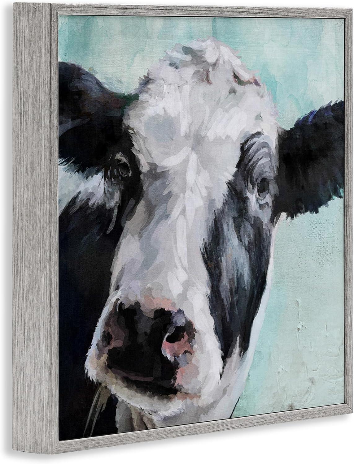 Stupell Industries Gentle Farm Cow Painting on Blue Animals & Insects Painting Gray Framed Art Print Wall Art, 12 x 12