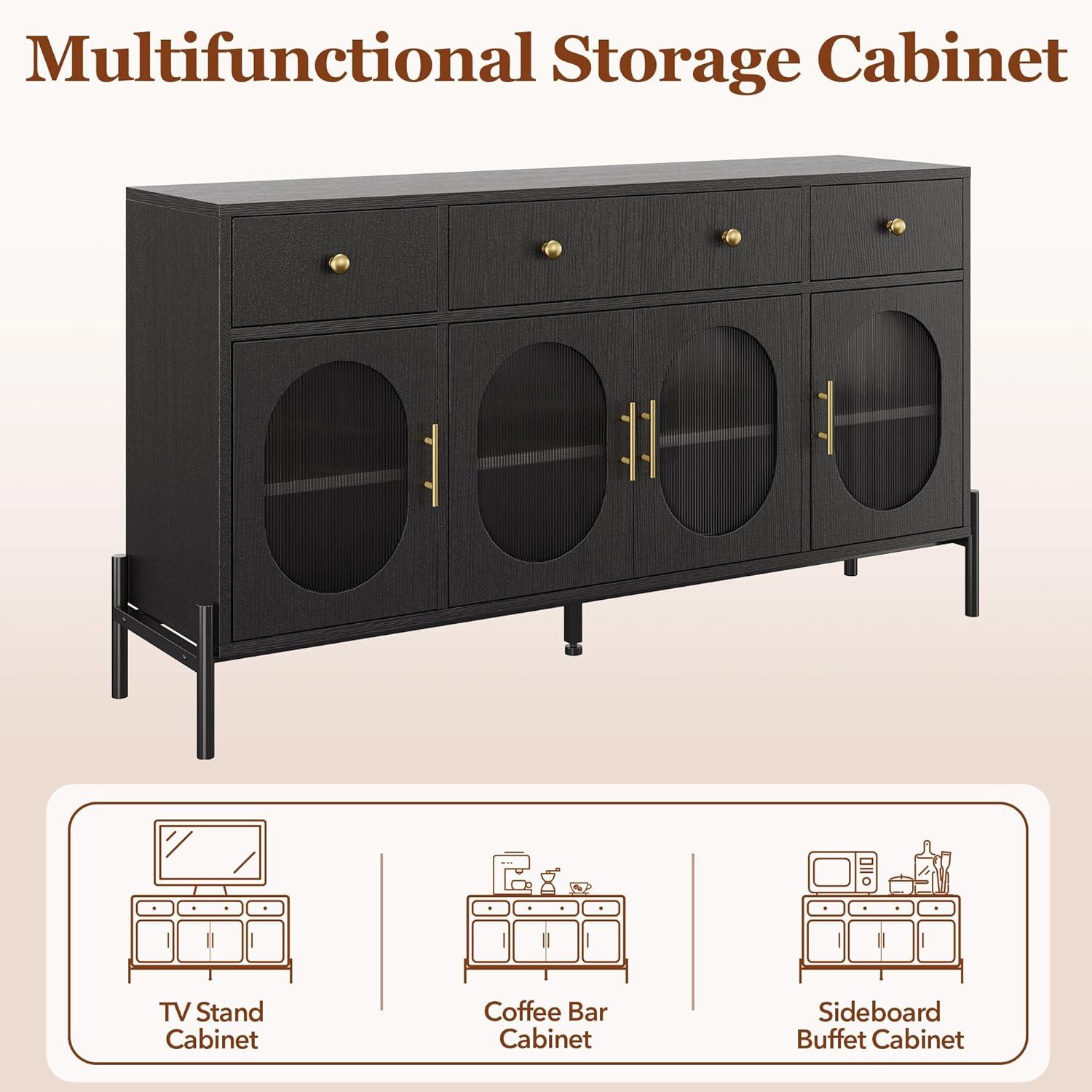 62" Large Sideboard Buffet Cabinet with Storage and 3 Drawers, Buffet Table Coffee Bar Storage Cabinet with 4 Glass Doors