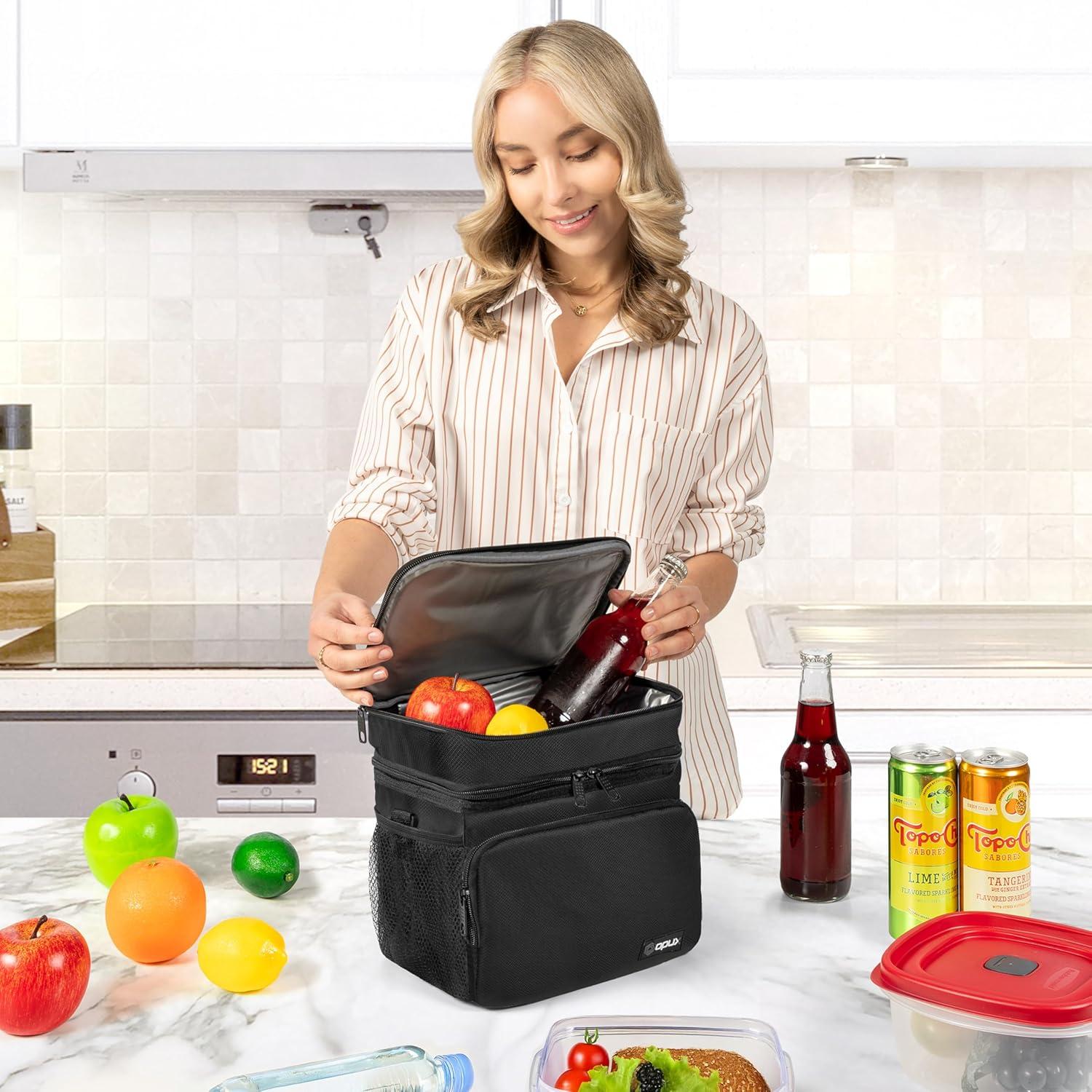 OPUX Insulated Lunch Box Men Women, Large Soft Cooler Bag Work School Picnic, Leakproof Tote Shoulder Strap Kid Adult (Black, Double Deck)