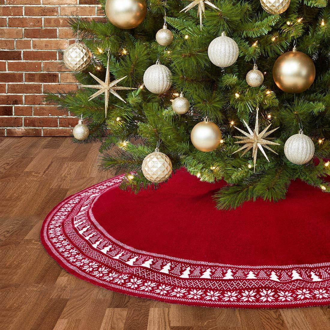 48'' Red Knitted Wool Christmas Tree Skirt with Snowflakes