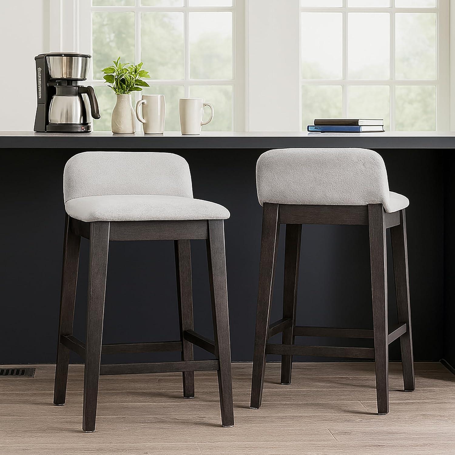Set of 2 Atia Black Rubberwood Counter Stool with Low Back Fabric Seat