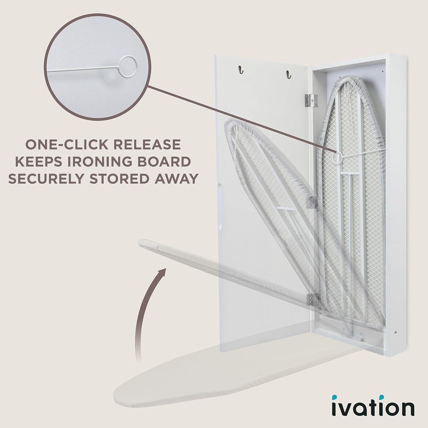 Ivation Ironing Board, Wall Mounted Ironing Board Cabinet W/Left Side Door, Mirror & Lever, White