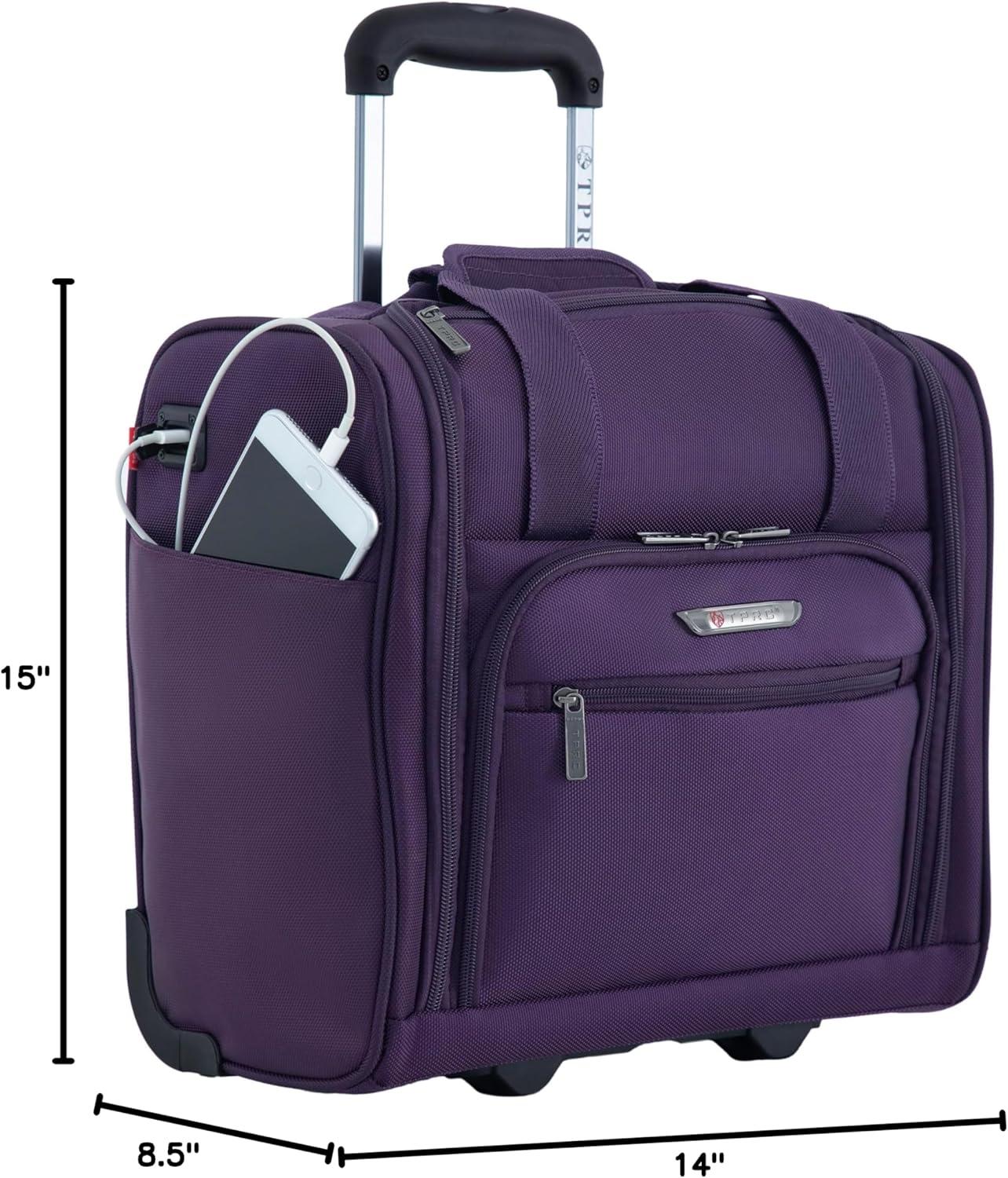 15" Purple Polyester Rolling Underseat Carry-On Luggage with USB Port